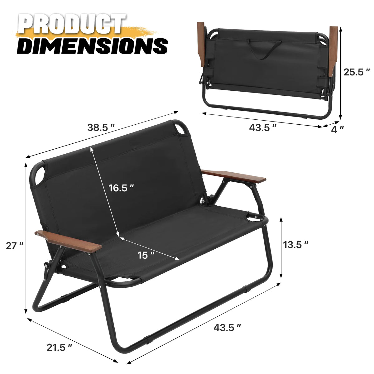 Folding Double Camping Chair with Armrest, 2-Person, Black A57445