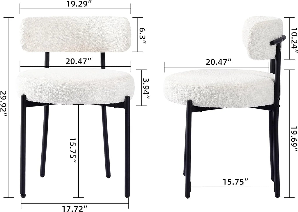 White Boucle Dining Chairs Set of 2 with Black Metal Legs H568