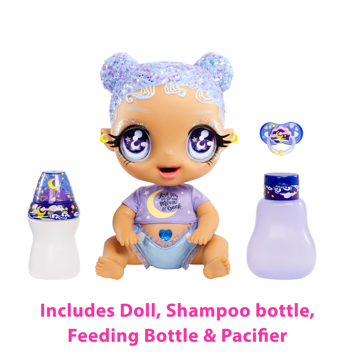 Pastel Purple Glitter Hair Baby Doll with Diaper, Bottle, Pacifier Accessories X195369