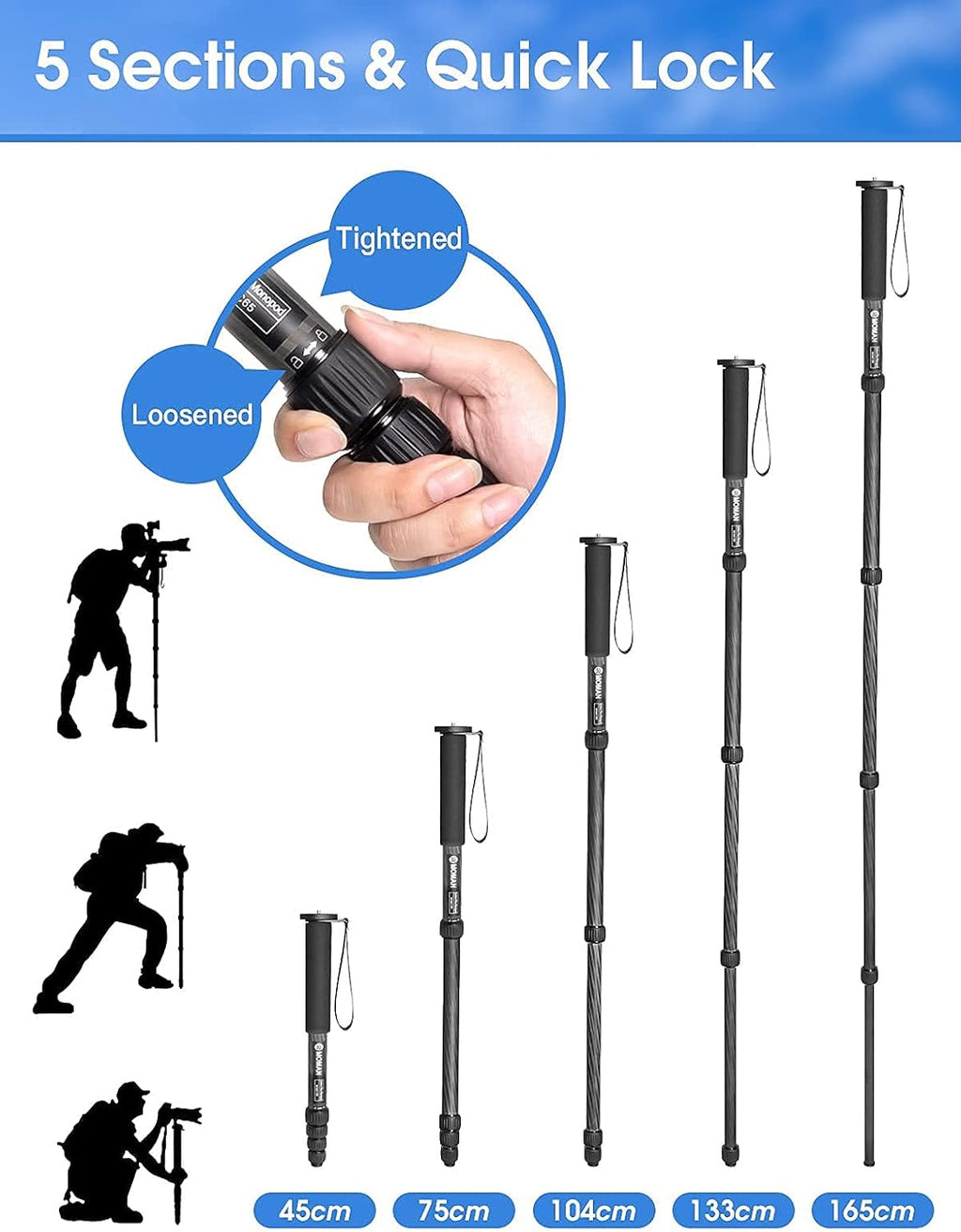Carbon Fiber Camera Monopod with Removable Base, 5-Section Leg 65” Max. Height N773628