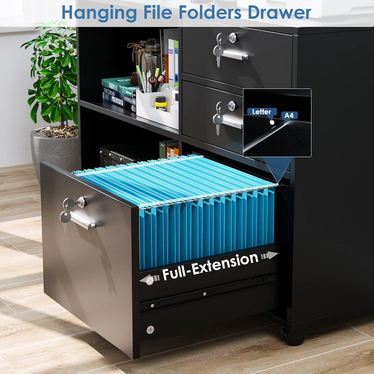 Black Wood Lateral File Cabinet with 3 Drawers and Lock W2615