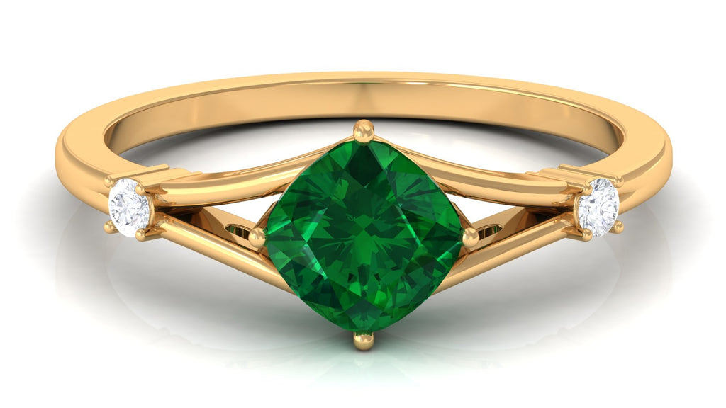 Cushion Cut Lab Grown Emerald Solitaire Ring with Diamond, 14K Yellow Gold, US 9.50 H590