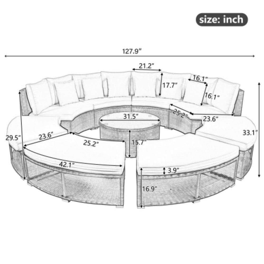 9-Piece Rattan Wicker Outdoor Sofa Set with Tempered Glass Coffee Table K795374