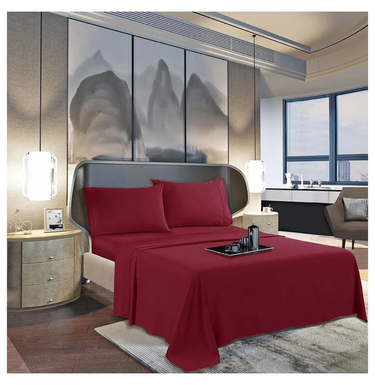Burgundy Twin 4 Piece Sheet Set with Pillowcases I563
