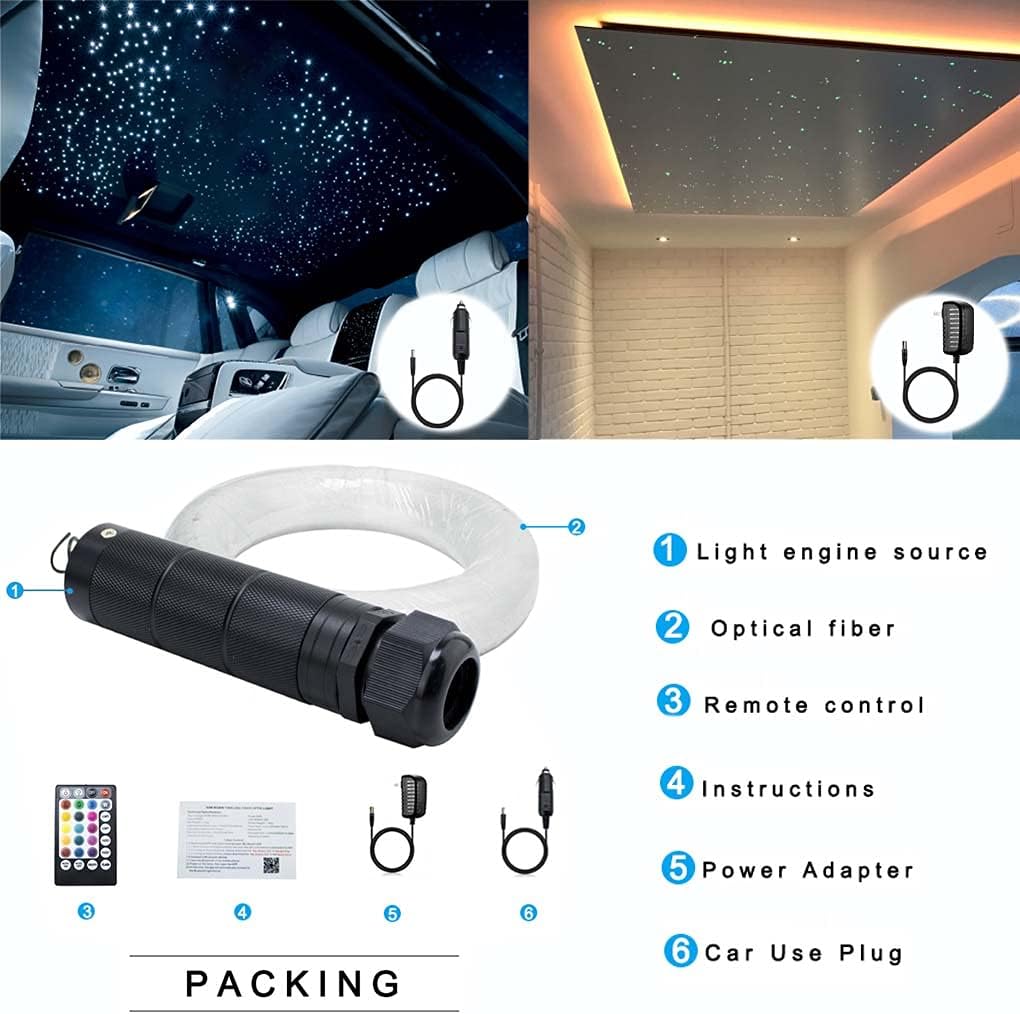 Car Use Bluetooth 6W RGB LED Fiber Optic Star Ceiling Light Kit APP Remote Controller 150pcs 0.03in 6.5ft Optic Cable Music Mode Sensory Lighting V380