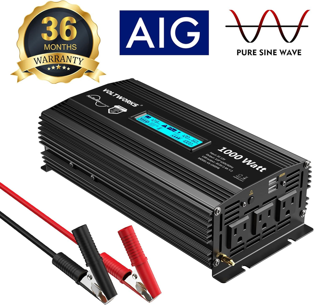 2000Watt DC 12V to 120V AC Car Power Inverter with 2 AC Outlets and LCD Display B261