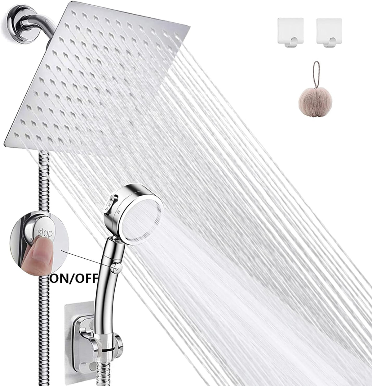 Black 8'' Rainfall Stainless Steel Shower Head with Handheld Combo, 78'' Hose, Pack of 2 N902