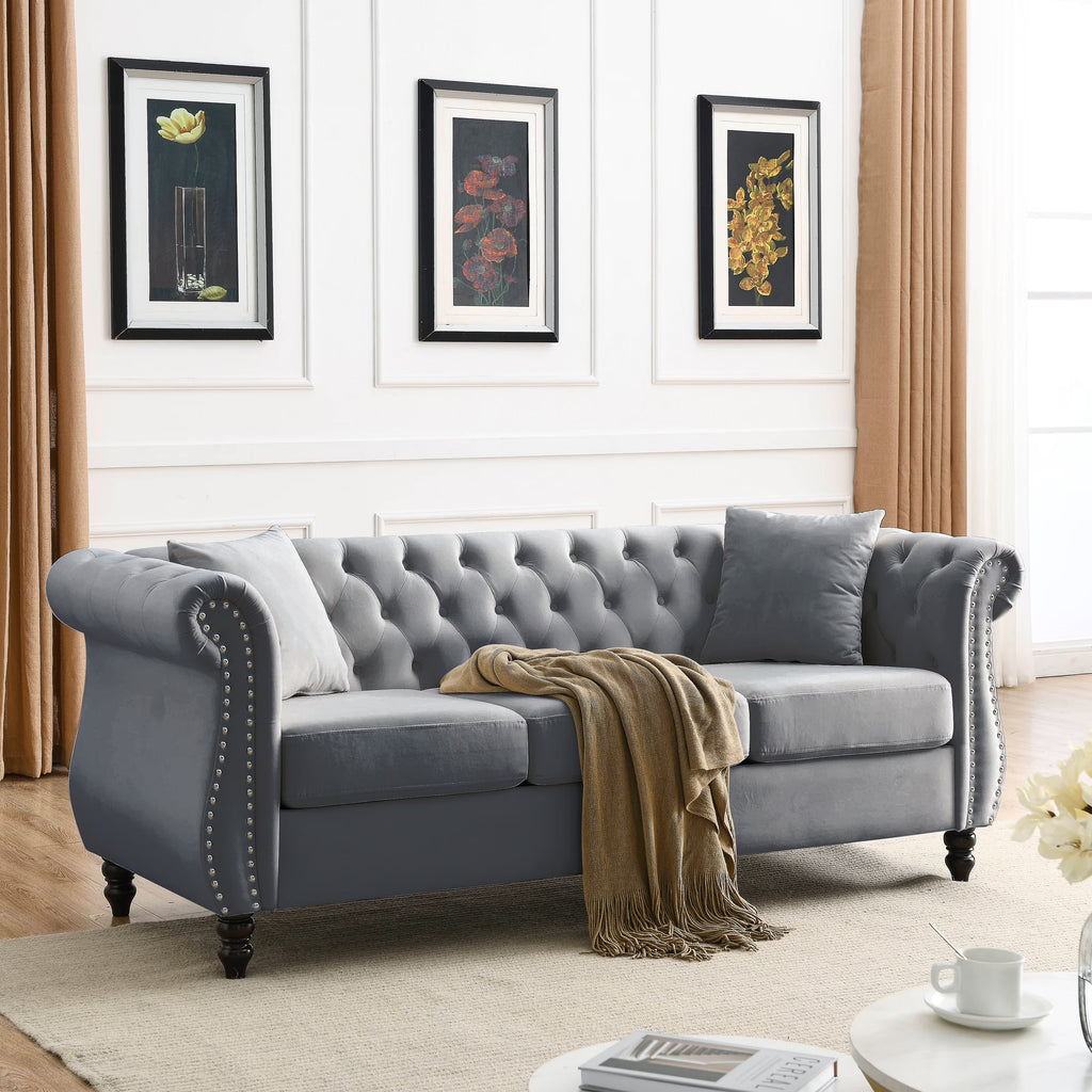 80" Chesterfield Sofa Grey Velvet 3 Seater Tufted Couch with Rolled Arms and Nailhead J15830