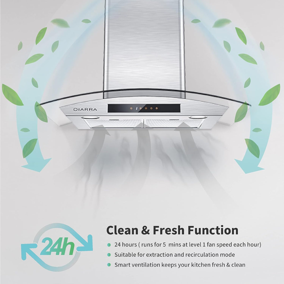 Wall Mount Range Hood 30 inch Stainless Steel Tempered Glass 3 Speed Fan Ductless Convertible F8157