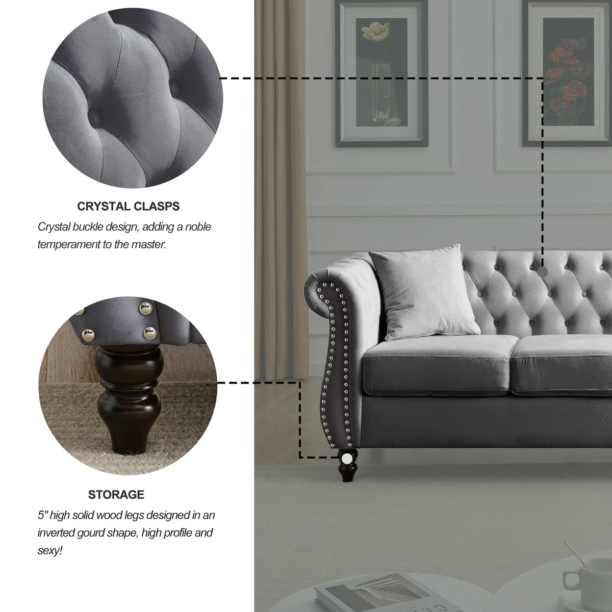 80" Chesterfield Sofa Grey Velvet 3 Seater Tufted Couch with Rolled Arms and Nailhead J15830