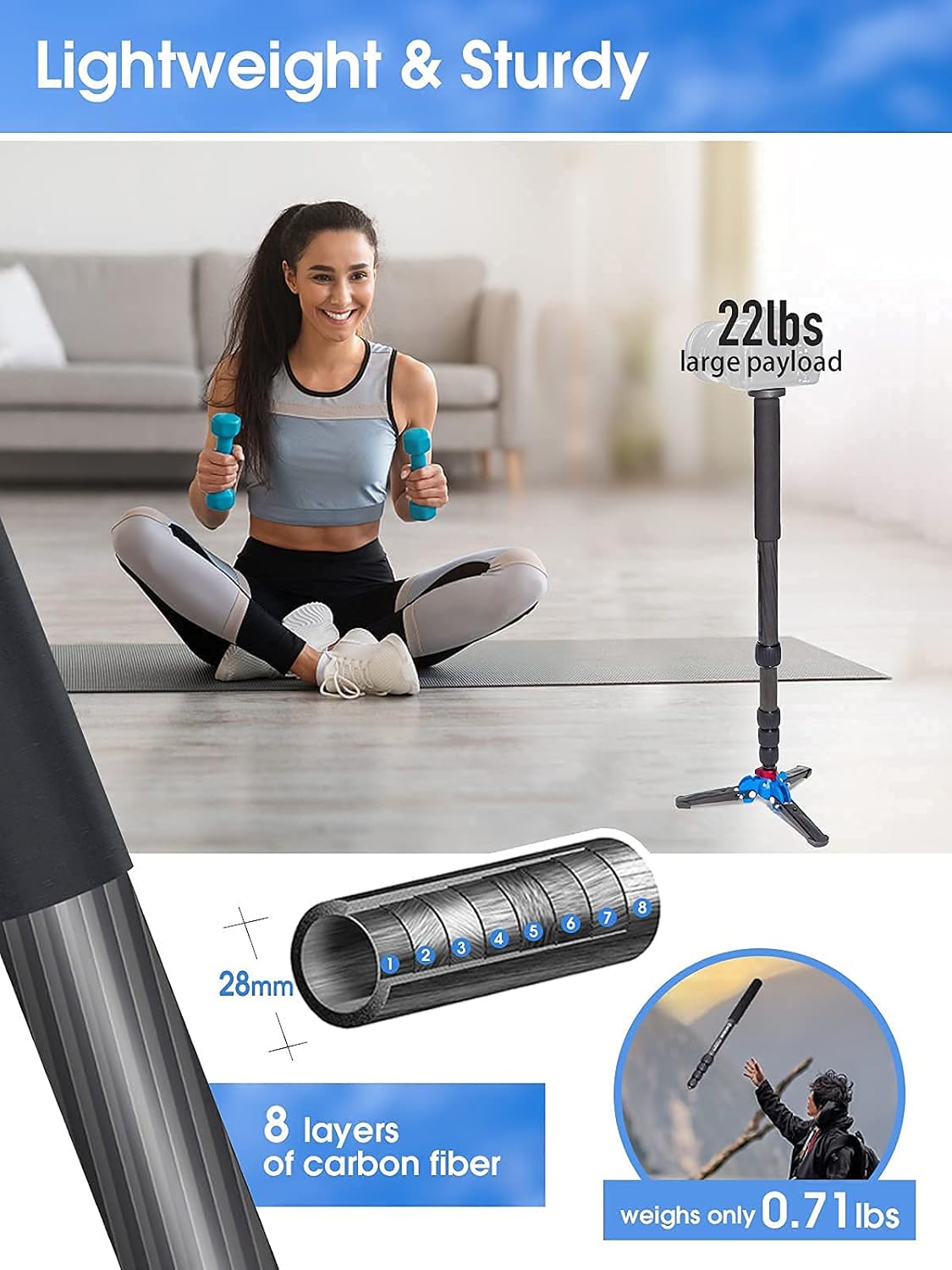 Carbon Fiber Camera Monopod with Removable Base, 5-Section Leg 65” Max. Height N773628
