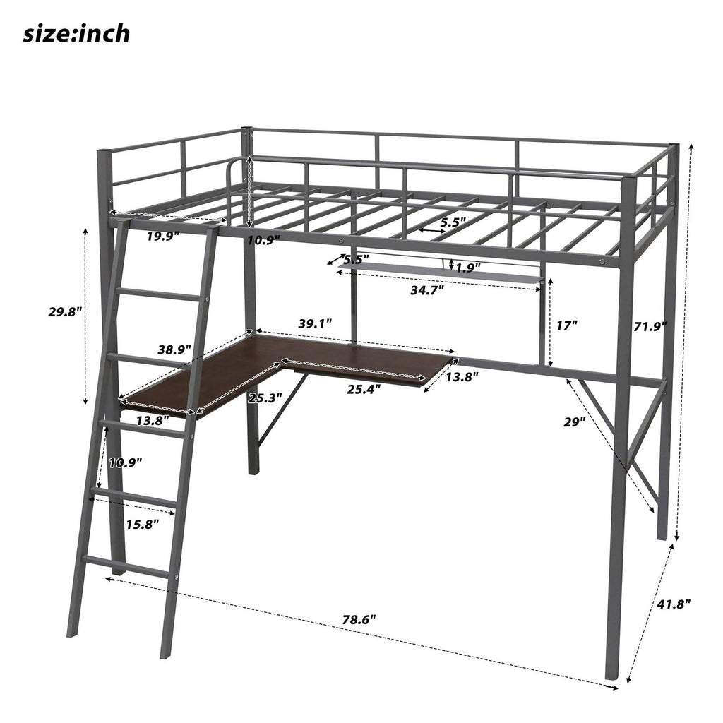 Black Metal Twin Loft Bed with Desk and Shelf E20686