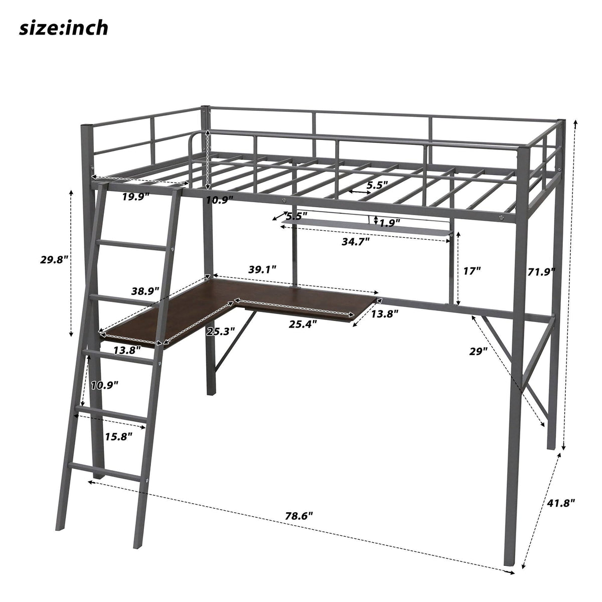 Black Metal Twin Loft Bed with Desk and Shelf E20686