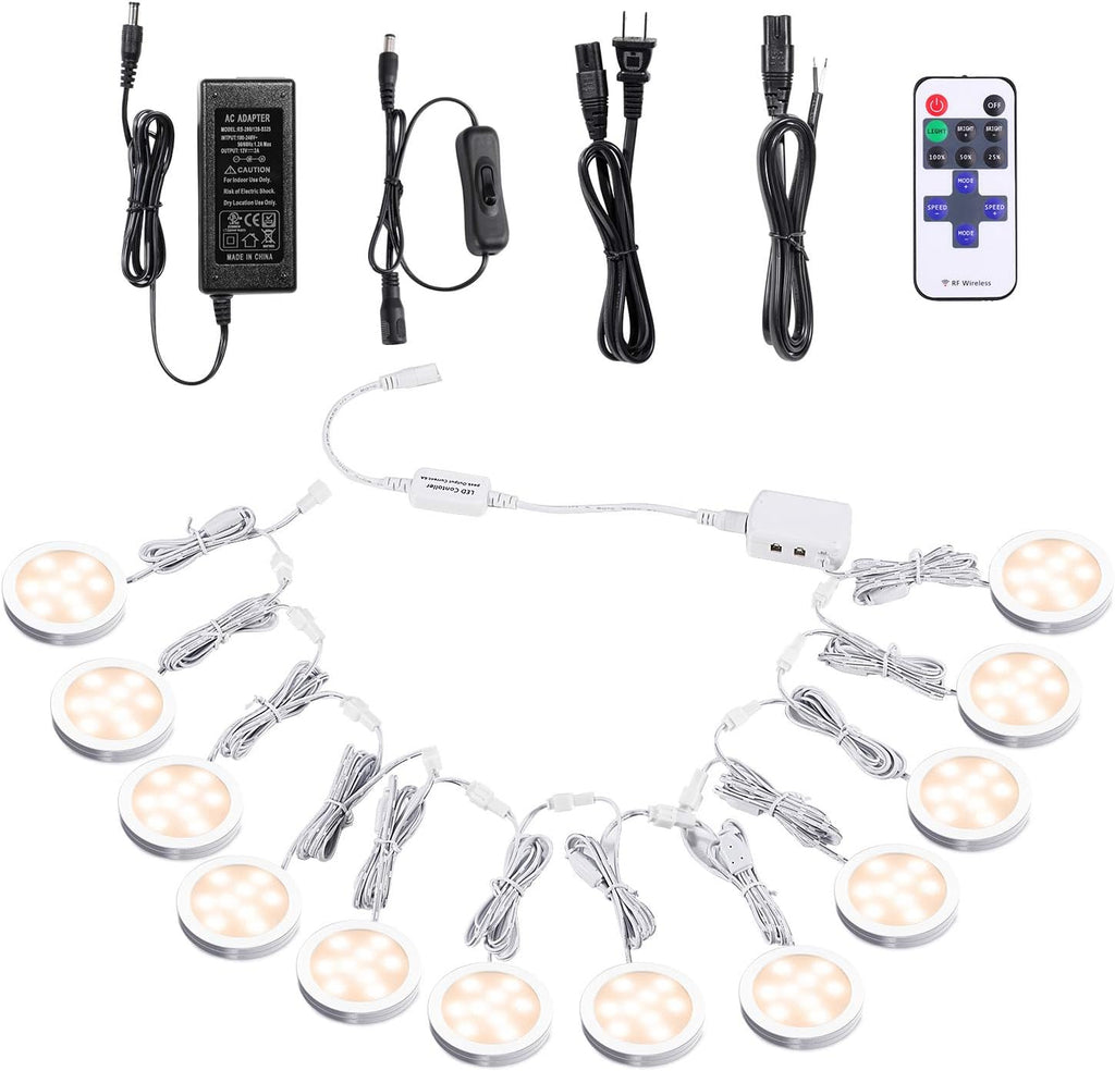 12V Dimmable LED Puck Lights with Wireless RF Remote Control, Hardwired & Wall Plug in, Daylight White, 12 Lights Kit R18927
