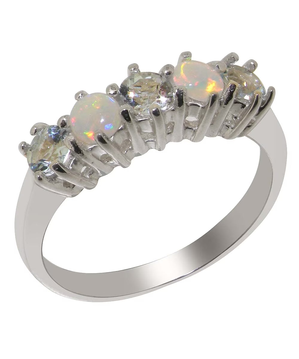 925 Sterling Silver Natural Aquamarine & Opal Eternity Ring V377