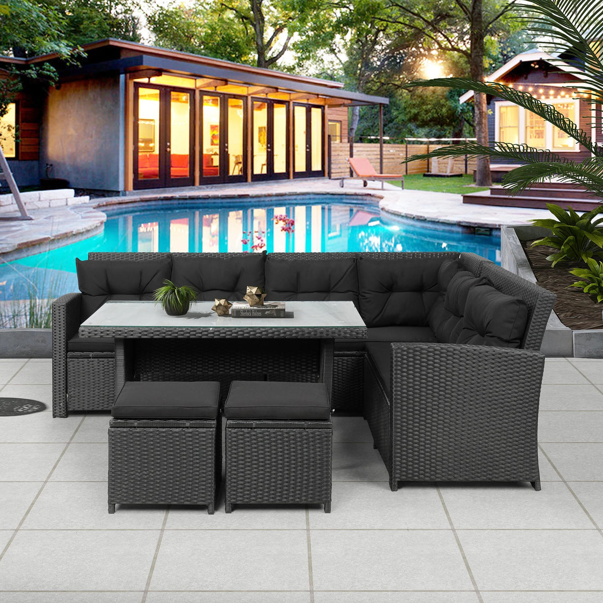 6-Piece Outdoor Sectional Sofa with Glass Table Ottomans Z650