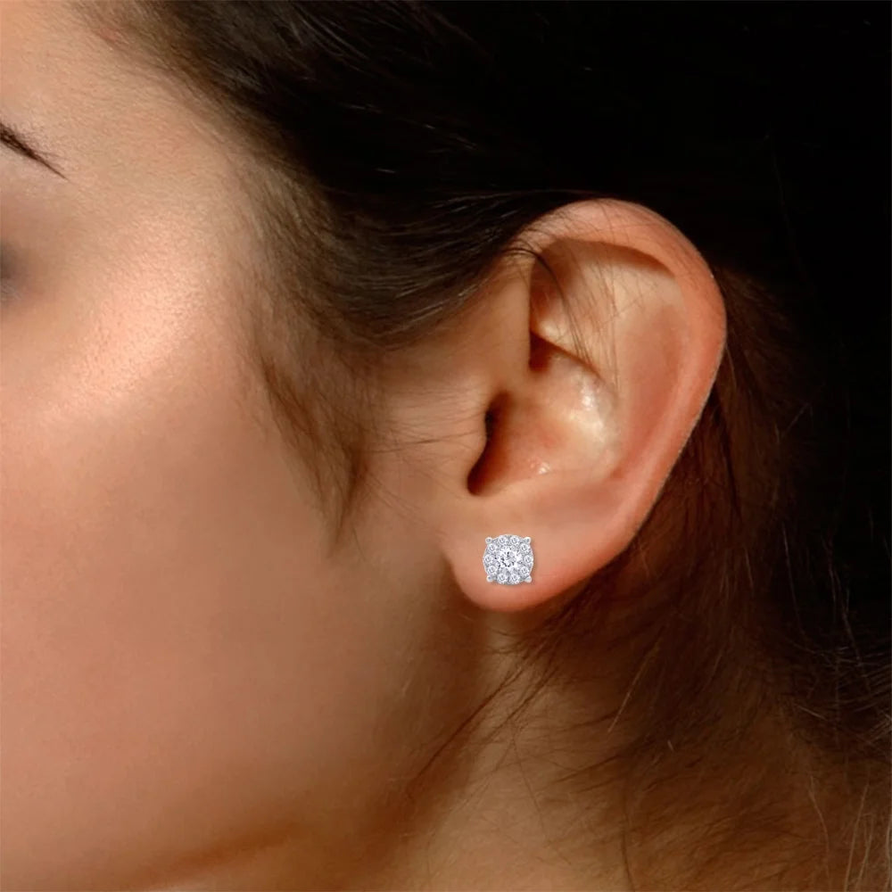1 Carat Round Cut Lab Created Moissanite Halo Stud Earrings 14K White Gold Plated 925 Sterling Silver L8341