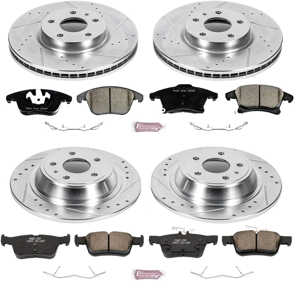 Front and Rear Carbon Fiber Brake Pads with Drilled & Slotted Brake Rotors Kit Z965492