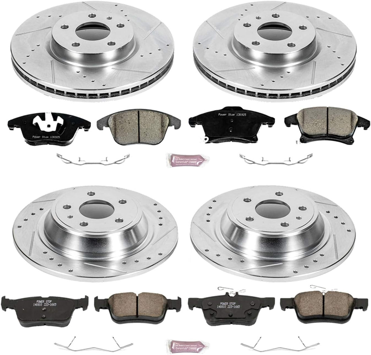 Front and Rear Carbon Fiber Brake Pads with Drilled & Slotted Brake Rotors Kit Z965492