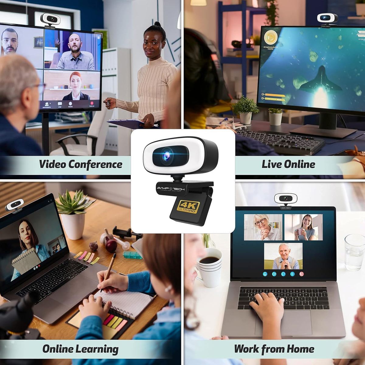 4K Webcam with Light Ultra HD 8MP Autofocus USB Web Cam with Microphone for Desktop Computer PC Streaming Camera + Tripod + USBC + Privacy Cover Pack of 2 N922