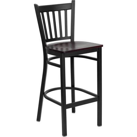 Black Vertical Back Metal Restaurant Barstool with Mahogany Wood Seat W2847