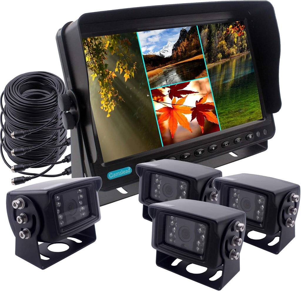 9 inch Quad Split Screen Backup Camera System for Truck Trailer RV Van Caravan Camper T396