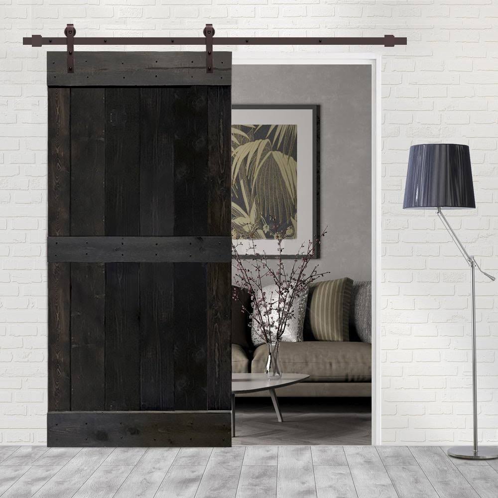 Charcoal Black Stained Wood Interior Sliding Barn Door with Hardware Kit A1516