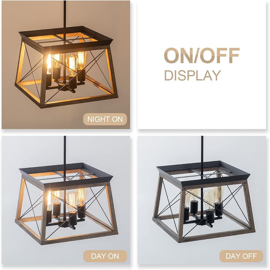 Wood Farmhouse Chandelier with Metal Cage 4 Lights Pendant Light V363005