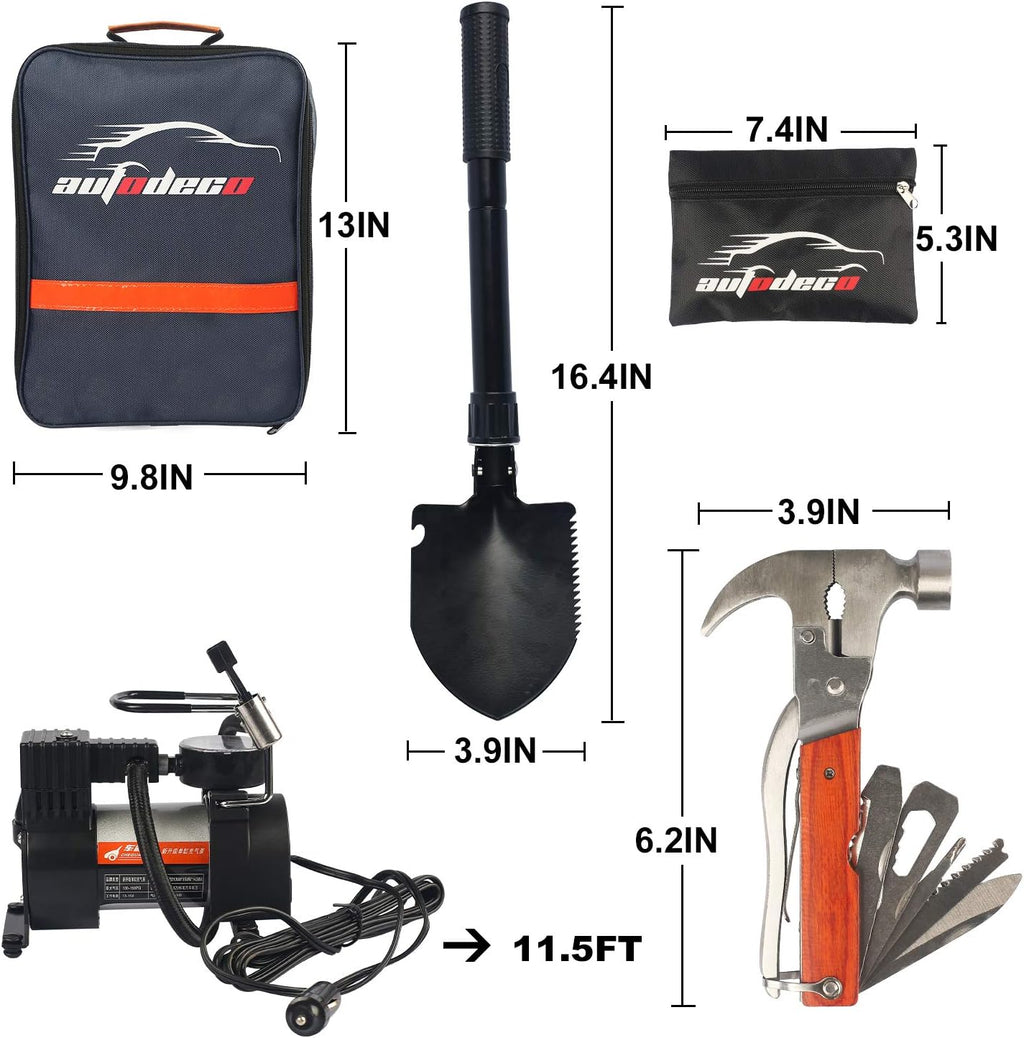 118 Pieces Car Emergency Kit with Jumper Cables, Air Compressor, Tow Strap, Hammer, Shovel E70236