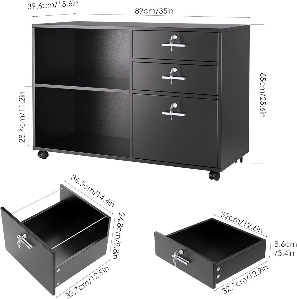 Black Wood Lateral File Cabinet with 3 Drawers and Lock W2615