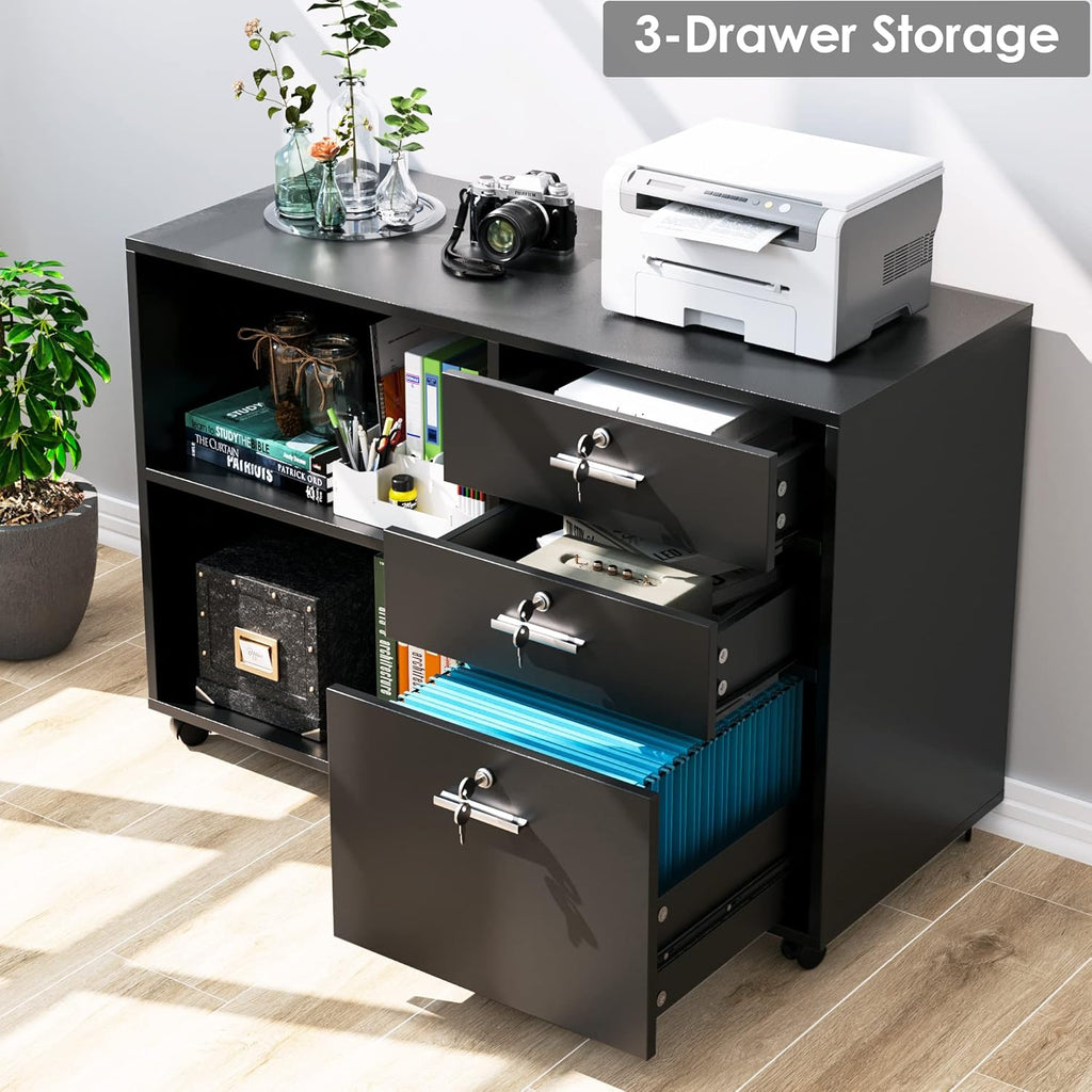 Black Wood Lateral File Cabinet with 3 Drawers and Lock W2615