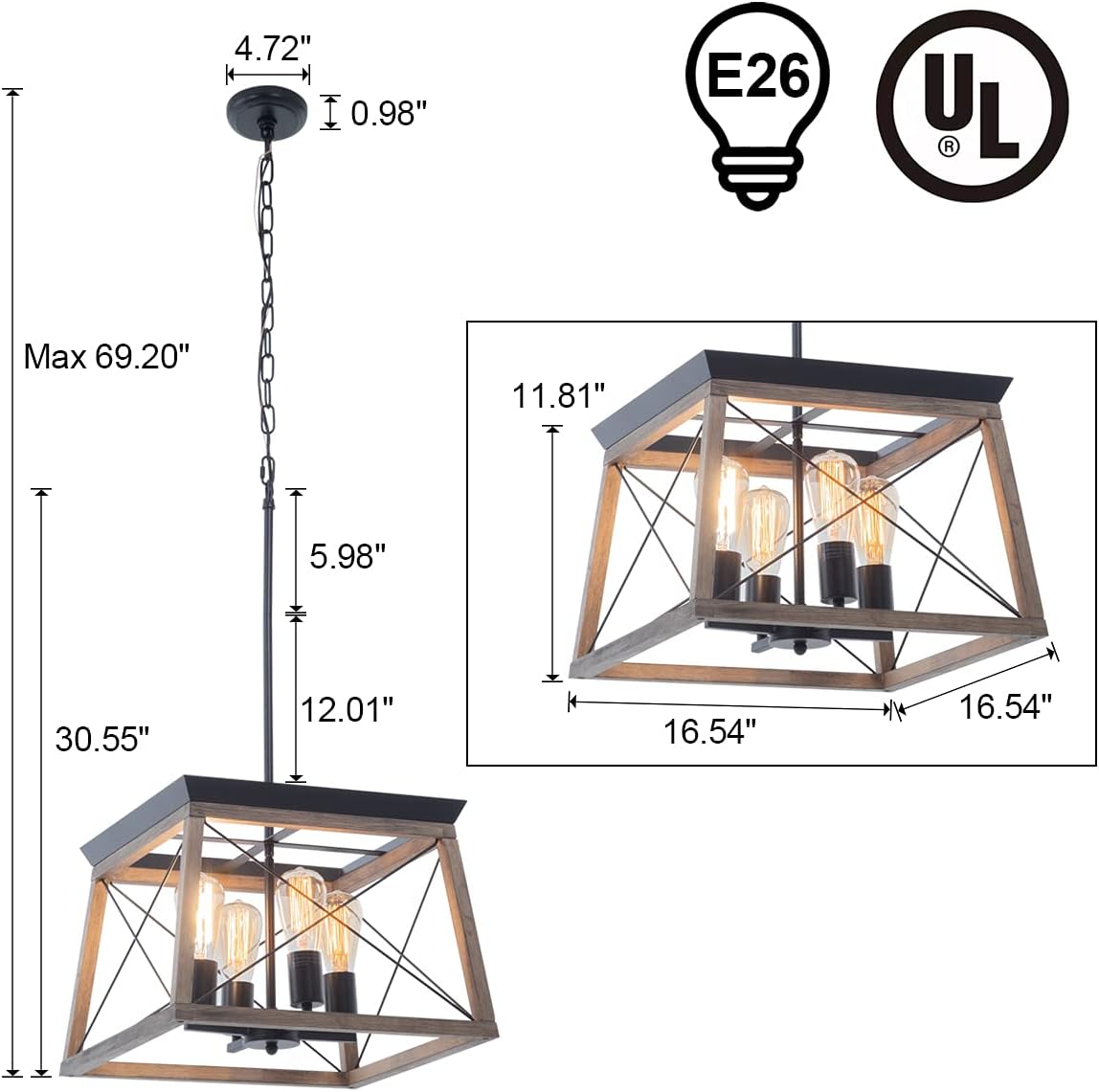 Wood Farmhouse Chandelier with Metal Cage 4 Lights Pendant Light V363005