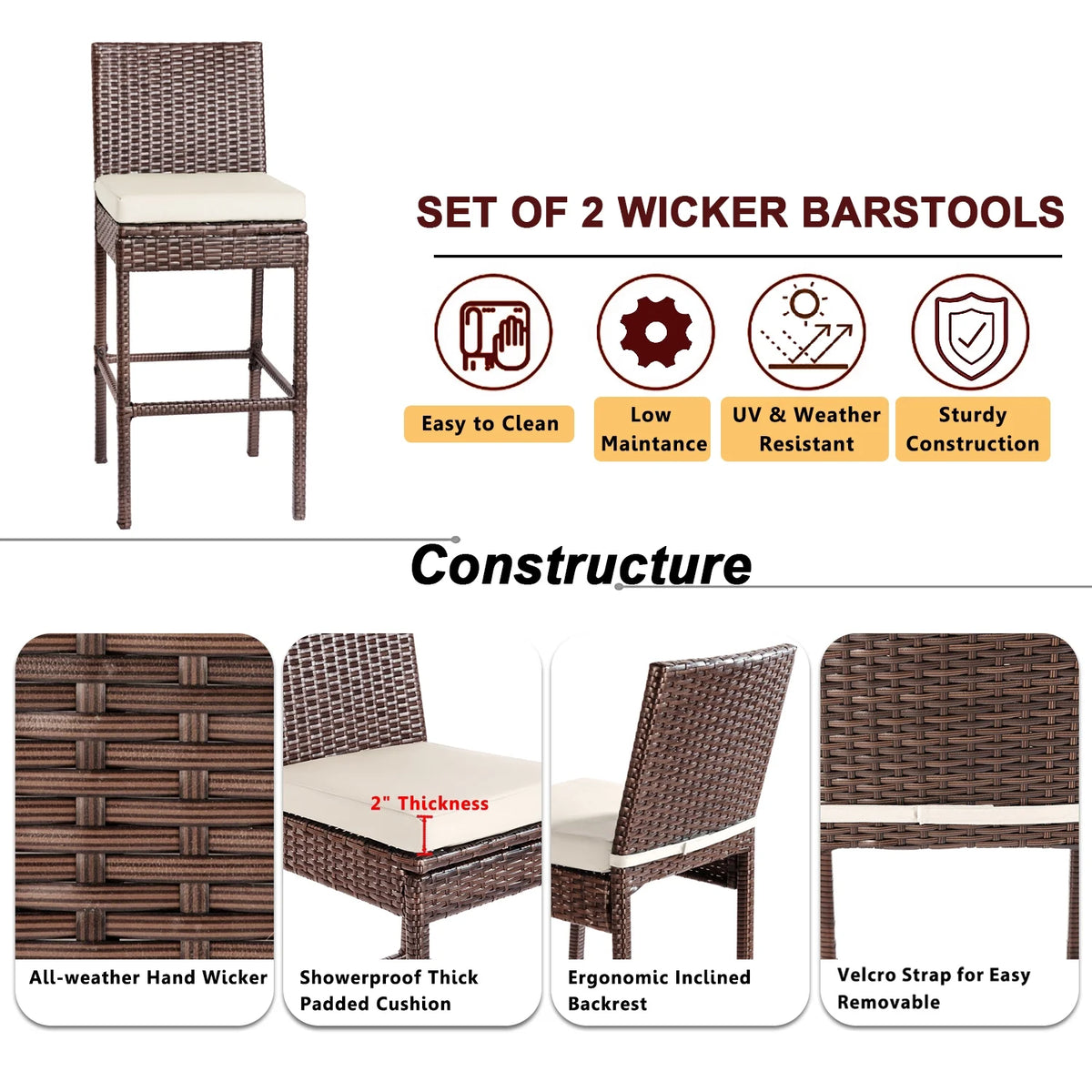 Brown Wicker Counter Height Bar Stools Set of 2 Q8999