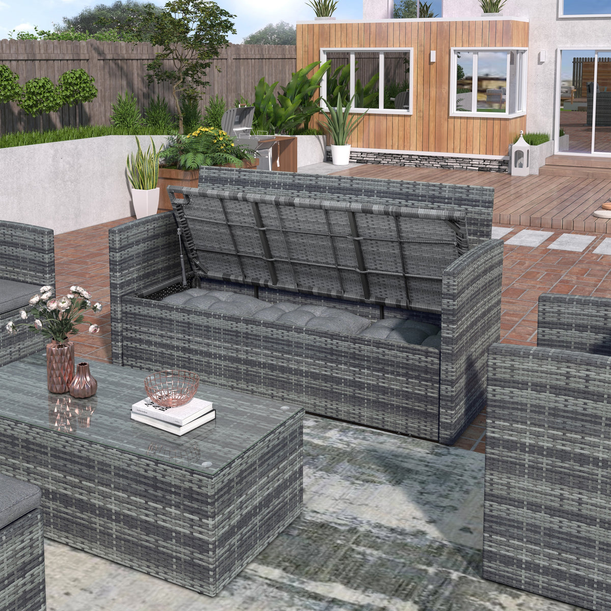 Gray PE Wicker Patio Sofa Set with Glass Table S3937
