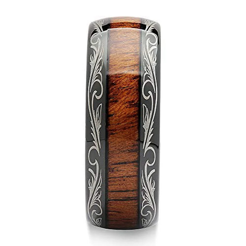 Tungsten Rings with Koa Wood Inlaid Dome Edge Comfort Fit R7491